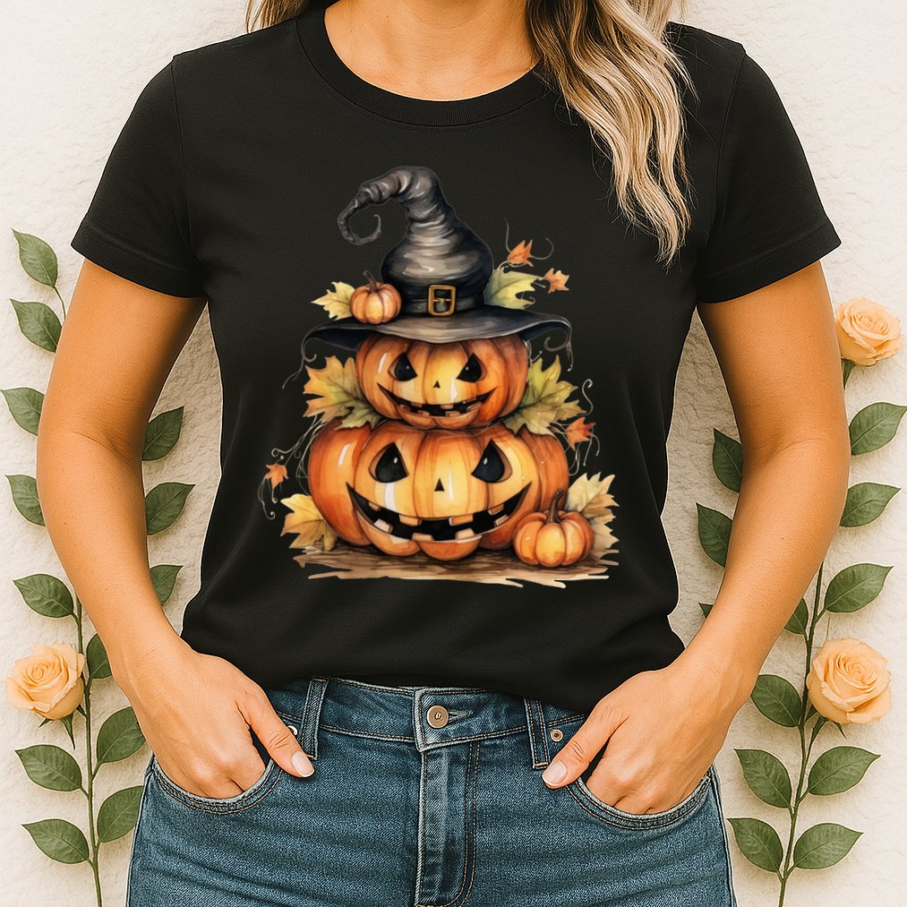 Halloween Pumpkin Witch Fall Autumn Illustration Womens T-Shirt