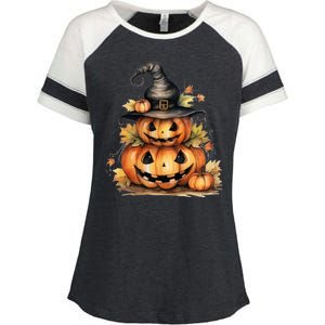 Halloween Pumpkin Witch Fall Autumn Illustration Enza Ladies Jersey Colorblock Tee