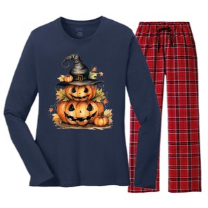 Halloween Pumpkin Witch Fall Autumn Illustration Women's Long Sleeve Flannel Pajama Set 