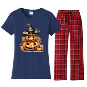 Halloween Pumpkin Witch Fall Autumn Illustration Women's Flannel Pajama Set