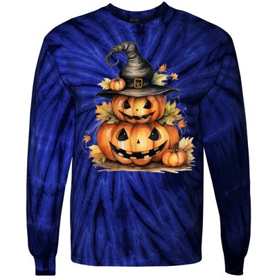 Halloween Pumpkin Witch Fall Autumn Illustration Tie-Dye Long Sleeve Shirt