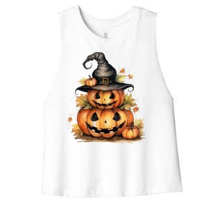 Halloween Pumpkin Witch Fall Autumn Illustration Women's Racerback Cropped Tank