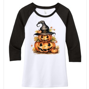 Halloween Pumpkin Witch Fall Autumn Illustration Women's Tri-Blend 3/4-Sleeve Raglan Shirt