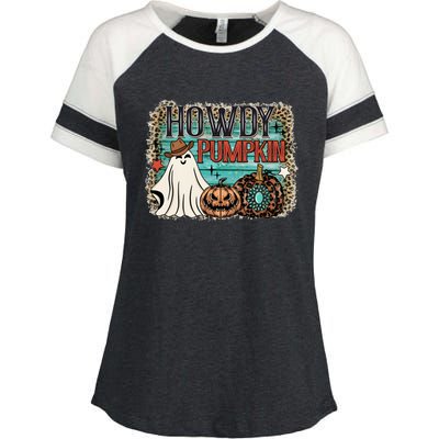 Howdy Pumpkin Western Halloween Spooky Season Enza Ladies Jersey Colorblock Tee