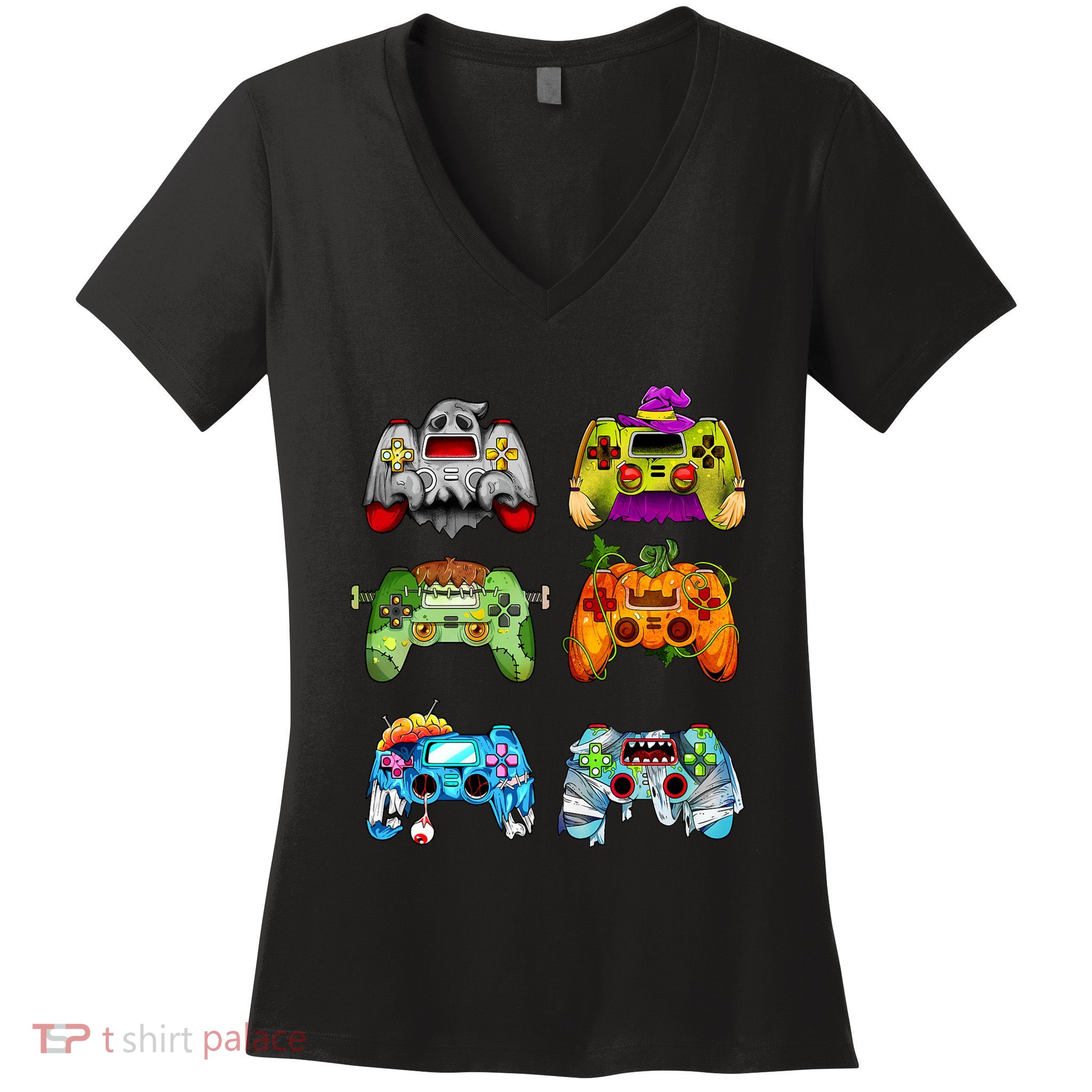 Halloween Pumpkin Witch Gaming Controllers Zombie Women's V-Neck T-Shirt