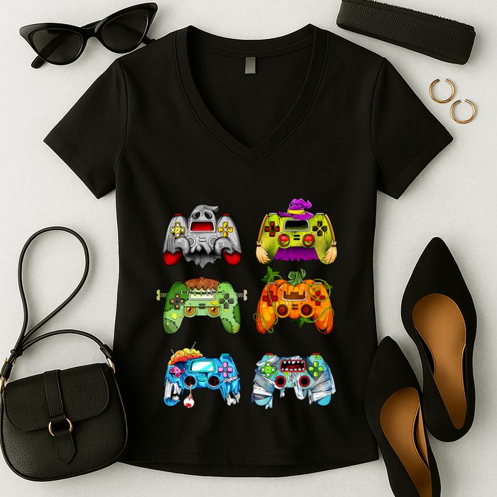 Halloween Pumpkin Witch Gaming Controllers Zombie Women's V-Neck T-Shirt
