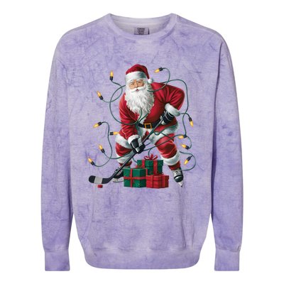 Hockey Player Xmas Lighting Santa Playing Hockey Christmas Gift Colorblast Crewneck Sweatshirt