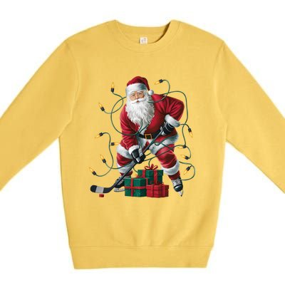 Hockey Player Xmas Lighting Santa Playing Hockey Christmas Gift Premium Crewneck Sweatshirt