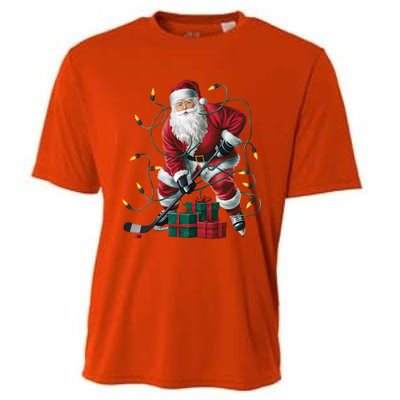 Hockey Player Xmas Lighting Santa Playing Hockey Christmas Gift Cooling Performance Crew T-Shirt