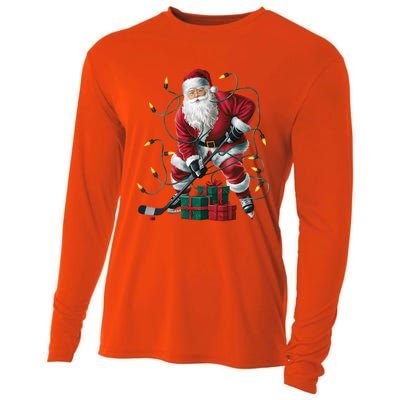 Hockey Player Xmas Lighting Santa Playing Hockey Christmas Gift Cooling Performance Long Sleeve Crew