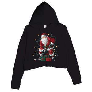 Hockey Player Xmas Lighting Santa Playing Hockey Christmas Gift Crop Fleece Hoodie