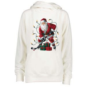 Hockey Player Xmas Lighting Santa Playing Hockey Christmas Gift Womens Funnel Neck Pullover Hood