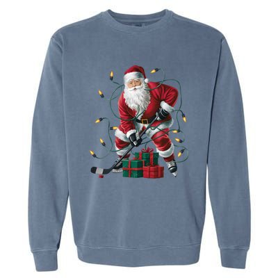 Hockey Player Xmas Lighting Santa Playing Hockey Christmas Gift Garment-Dyed Sweatshirt