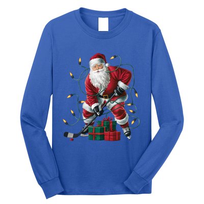 Hockey Player Xmas Lighting Santa Playing Hockey Christmas Gift Long Sleeve Shirt