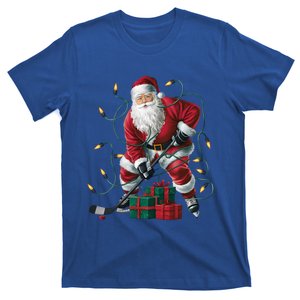 Hockey Player Xmas Lighting Santa Playing Hockey Christmas Gift T-Shirt