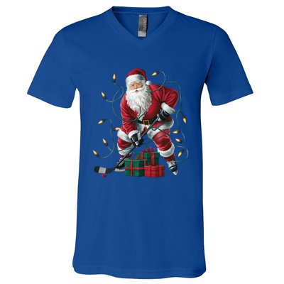 Hockey Player Xmas Lighting Santa Playing Hockey Christmas Gift V-Neck T-Shirt