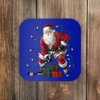 Hockey Player Xmas Lighting Santa Playing Hockey Christmas Gift Coaster