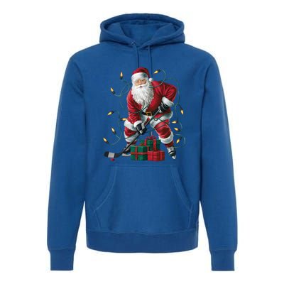 Hockey Player Xmas Lighting Santa Playing Hockey Christmas Gift Premium Hoodie