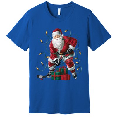 Hockey Player Xmas Lighting Santa Playing Hockey Christmas Gift Premium T-Shirt