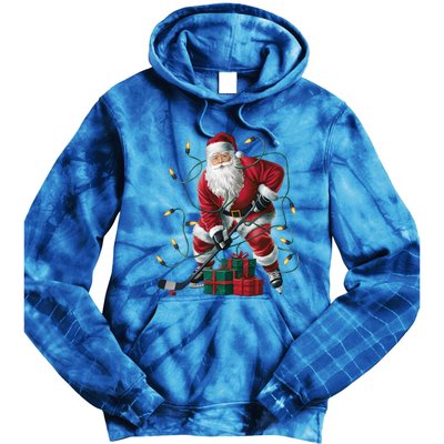 Hockey Player Xmas Lighting Santa Playing Hockey Christmas Gift Tie Dye Hoodie