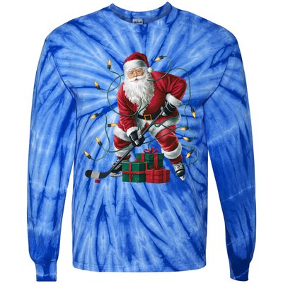 Hockey Player Xmas Lighting Santa Playing Hockey Christmas Gift Tie-Dye Long Sleeve Shirt