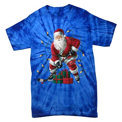 Hockey Player Xmas Lighting Santa Playing Hockey Christmas Gift Tie-Dye T-Shirt