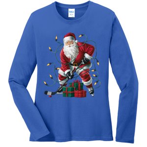 Hockey Player Xmas Lighting Santa Playing Hockey Christmas Gift Ladies Long Sleeve Shirt