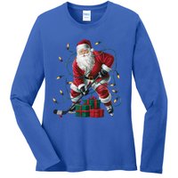 Hockey Player Xmas Lighting Santa Playing Hockey Christmas Gift Ladies Long Sleeve Shirt