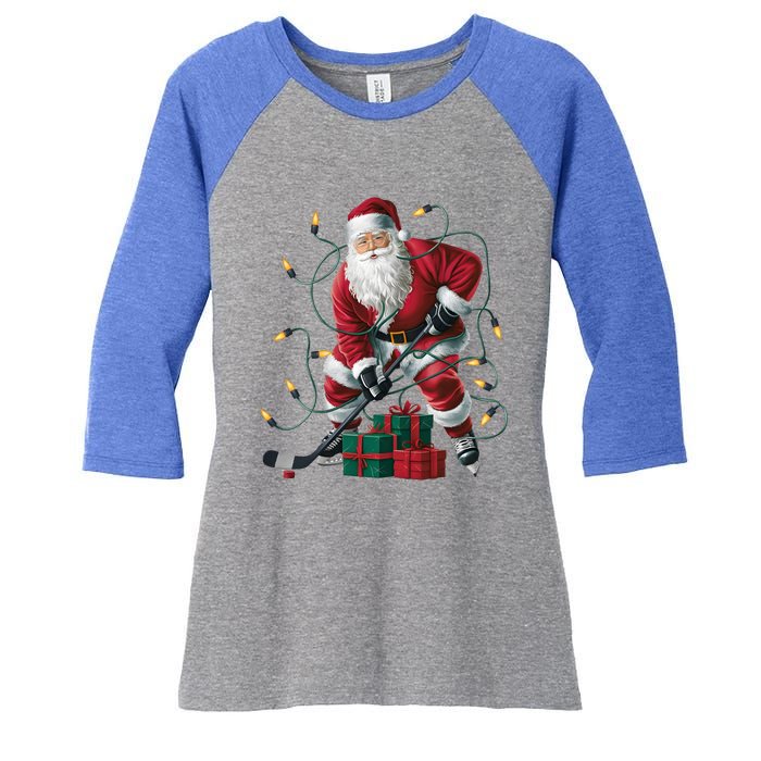 Hockey Player Xmas Lighting Santa Playing Hockey Christmas Gift Women's Tri-Blend 3/4-Sleeve Raglan Shirt