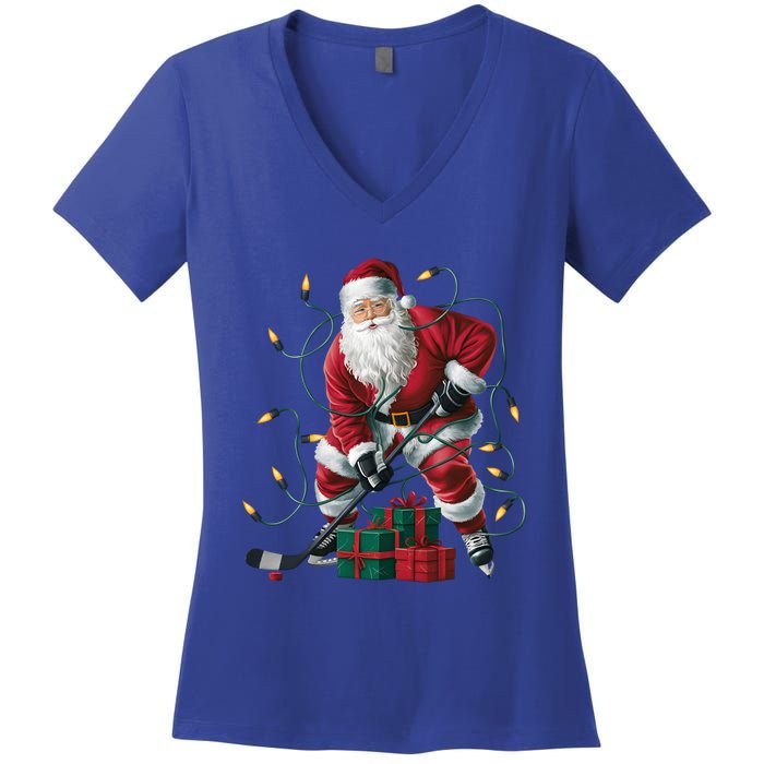 Hockey Player Xmas Lighting Santa Playing Hockey Christmas Gift Women's V-Neck T-Shirt