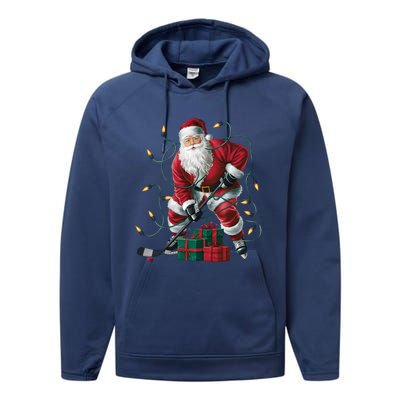 Hockey Player Xmas Lighting Santa Playing Hockey Christmas Gift Performance Fleece Hoodie