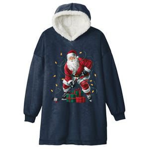 Hockey Player Xmas Lighting Santa Playing Hockey Christmas Gift Hooded Wearable Blanket