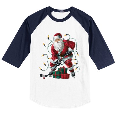 Hockey Player Xmas Lighting Santa Playing Hockey Christmas Gift Baseball Sleeve Shirt