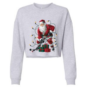 Hockey Player Xmas Lighting Santa Playing Hockey Christmas Gift Cropped Pullover Crew