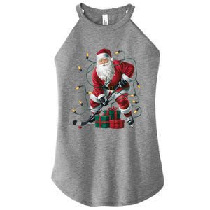 Hockey Player Xmas Lighting Santa Playing Hockey Christmas Gift Women's Perfect Tri Rocker Tank