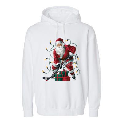 Hockey Player Xmas Lighting Santa Playing Hockey Christmas Gift Garment-Dyed Fleece Hoodie