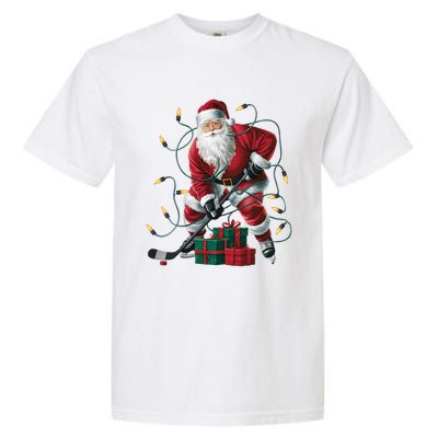 Hockey Player Xmas Lighting Santa Playing Hockey Christmas Gift Garment-Dyed Heavyweight T-Shirt