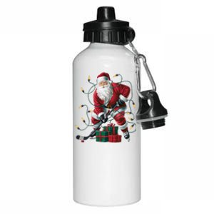 Hockey Player Xmas Lighting Santa Playing Hockey Christmas Gift Aluminum Water Bottle