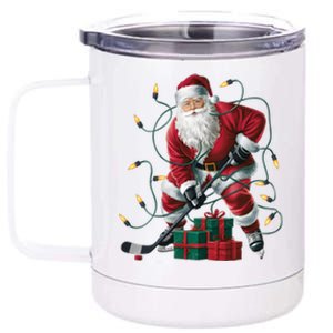 Hockey Player Xmas Lighting Santa Playing Hockey Christmas Gift 12 oz Stainless Steel Tumbler Cup