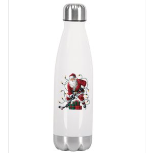 Hockey Player Xmas Lighting Santa Playing Hockey Christmas Gift Stainless Steel Insulated Water Bottle