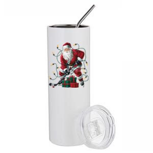 Hockey Player Xmas Lighting Santa Playing Hockey Christmas Gift Stainless Steel Tumbler