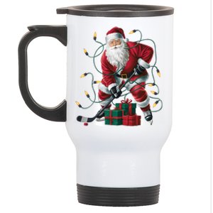 Hockey Player Xmas Lighting Santa Playing Hockey Christmas Gift Stainless Steel Travel Mug