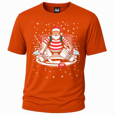 Hockey Player Xmas Lights Santa Playing Hockey Christmas Gift Cooling Performance Crew T-Shirt