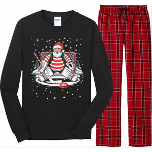 Hockey Player Xmas Lights Santa Playing Hockey Christmas Gift Long Sleeve Pajama Set