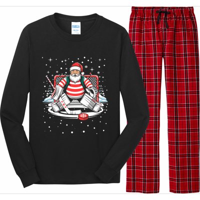 Hockey Player Xmas Lights Santa Playing Hockey Christmas Gift Long Sleeve Pajama Set