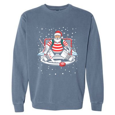 Hockey Player Xmas Lights Santa Playing Hockey Christmas Gift Garment-Dyed Sweatshirt