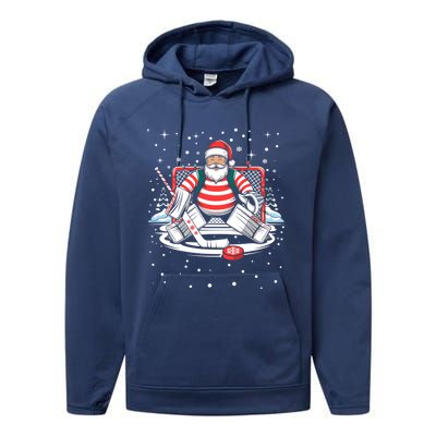 Hockey Player Xmas Lights Santa Playing Hockey Christmas Gift Performance Fleece Hoodie