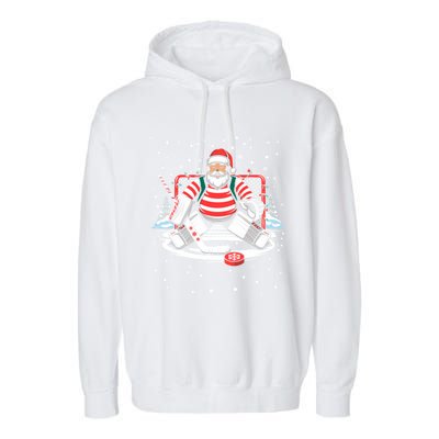 Hockey Player Xmas Lights Santa Playing Hockey Christmas Gift Garment-Dyed Fleece Hoodie