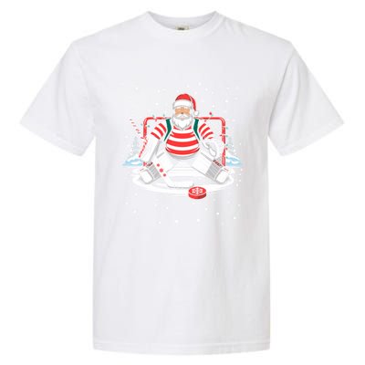 Hockey Player Xmas Lights Santa Playing Hockey Christmas Gift Garment-Dyed Heavyweight T-Shirt