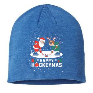 Hockey Player Xmas Santa Reindeer Playing Hockey Christmas Gift Sustainable Beanie